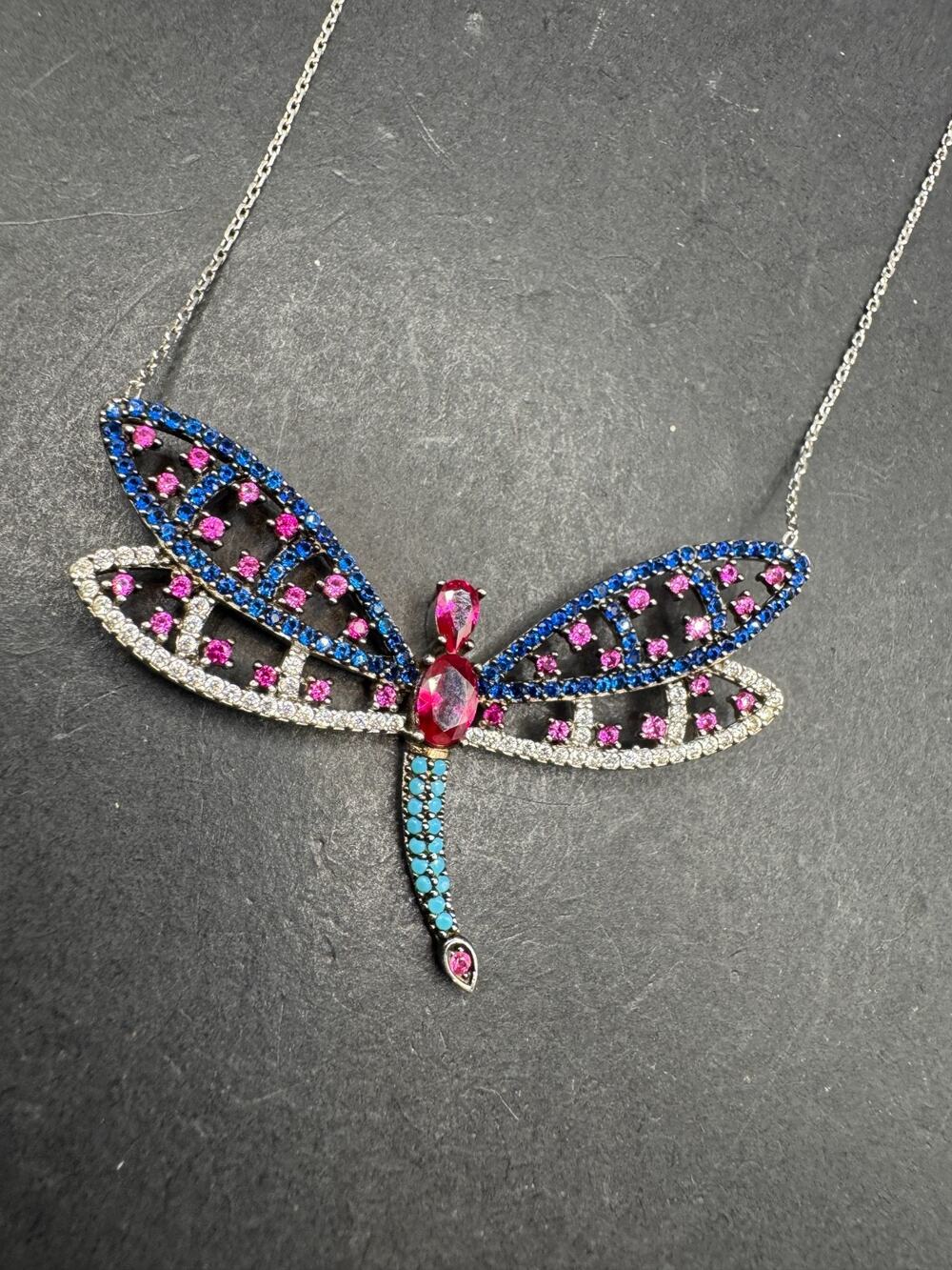 Vtg Multicolor Crystal Dragonfly Pendant Chain 925 Sterling Silver Necklace